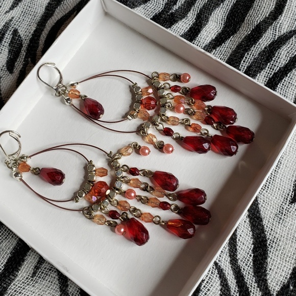 Red Beaded Chandelier Earrings - Picture 2 of 2